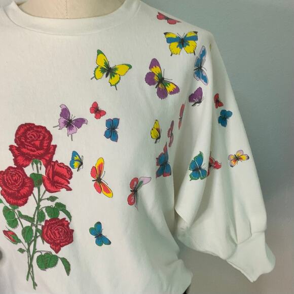 Vintage Butterfly Rose White Sweatshirt Grandmacore Maxmalist Cottagecore - Picture 4 of 9